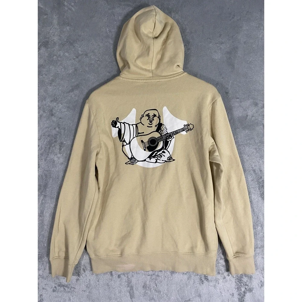 True Religion Hoodie Mens Small Tan Over Lap Buddha Zip Up Fleece‎ Streetwear